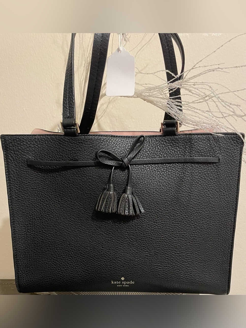 kate spade Black Pebbled Leather Tote with Tassel Detail